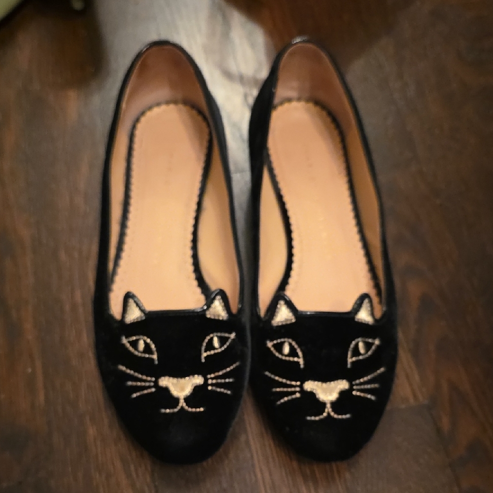 Charlotte Olympia Black Velvet Cat Flats
